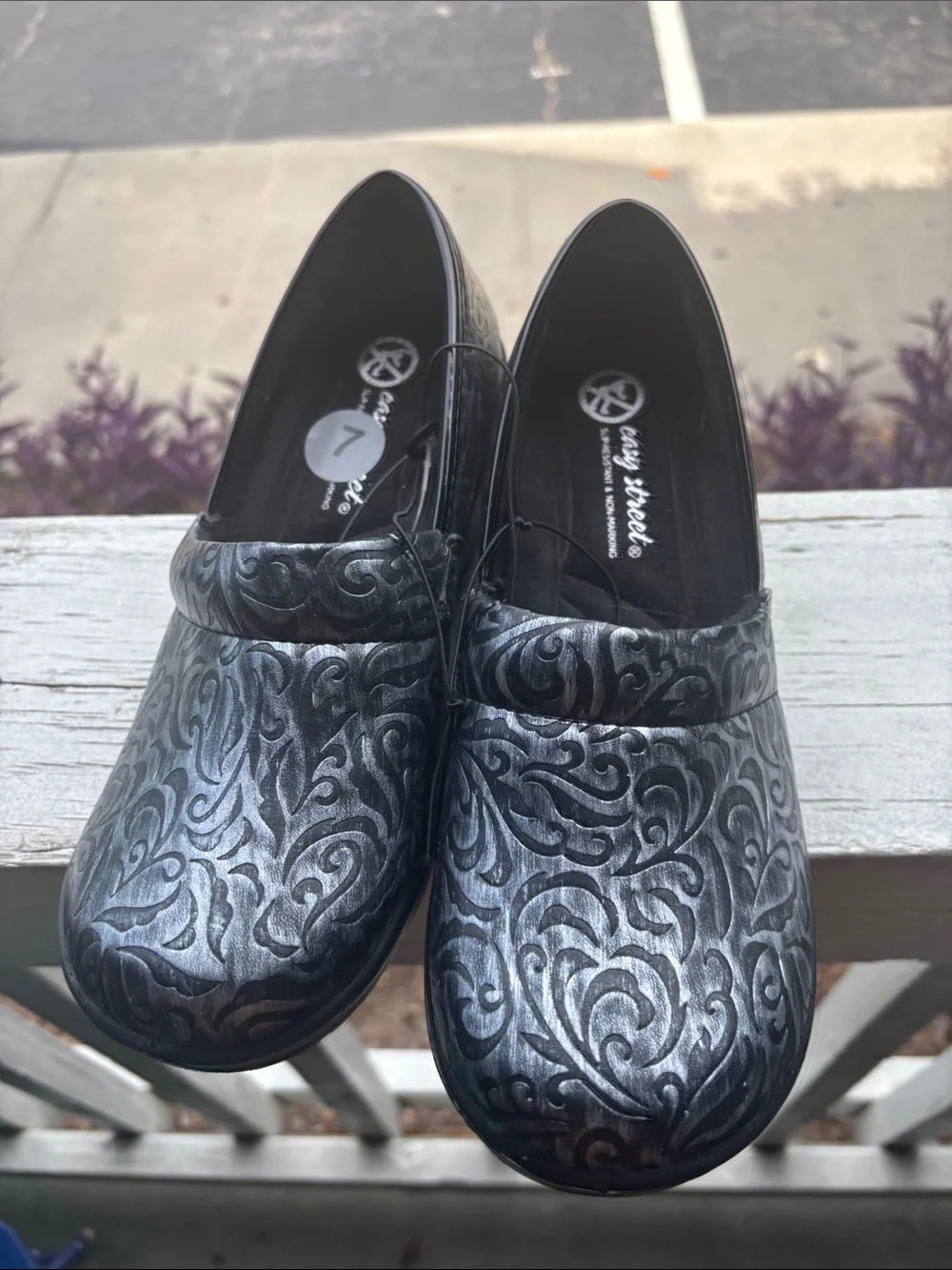 easy street Metallic Black Patterned Wedge Clogs (slip resistant)
